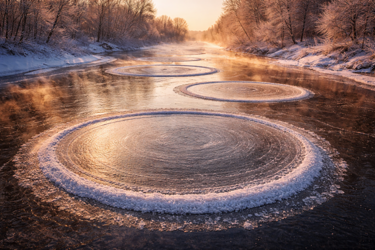 Ледените кръгове: когато реката рисува съвършени форми