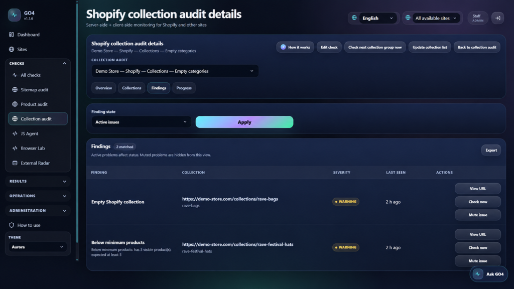 GO4 Collection Audit за проверка на Shopify колекции и продукти