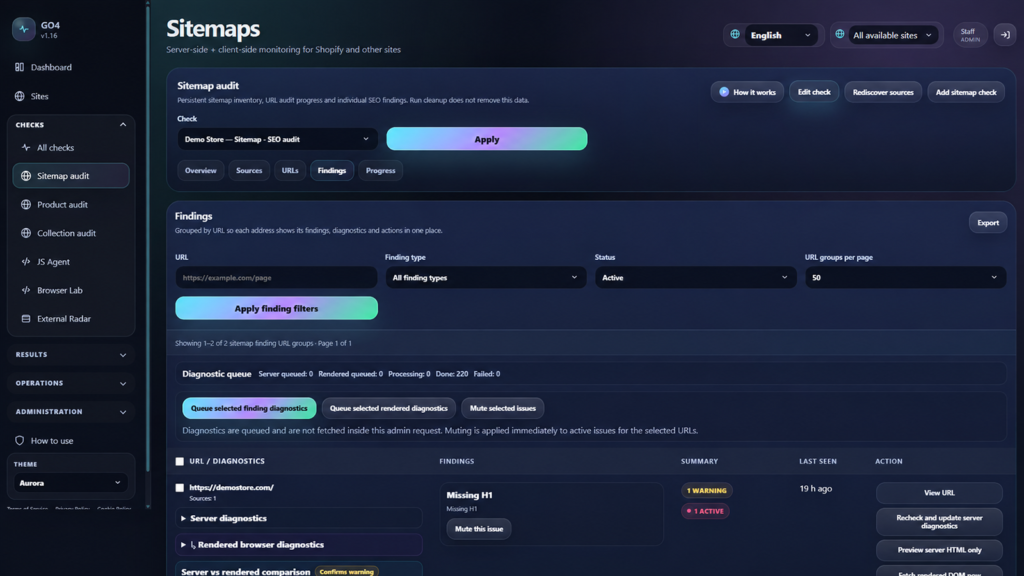 GO4 Sitemap Audit за технически SEO мониторинг на Shopify магазин